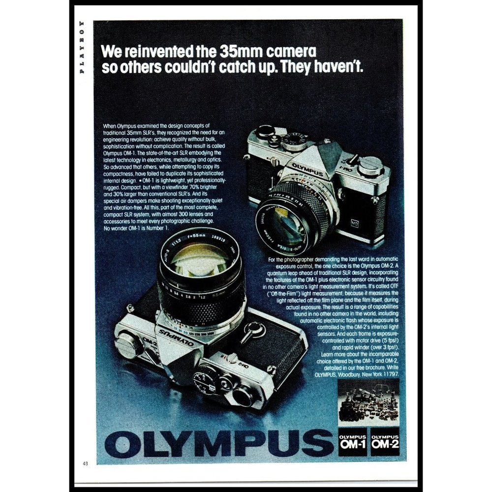 1979 Olympus OM-1 OM-2 SLR Camera Vintage Print Ad Film Photography Wall Art